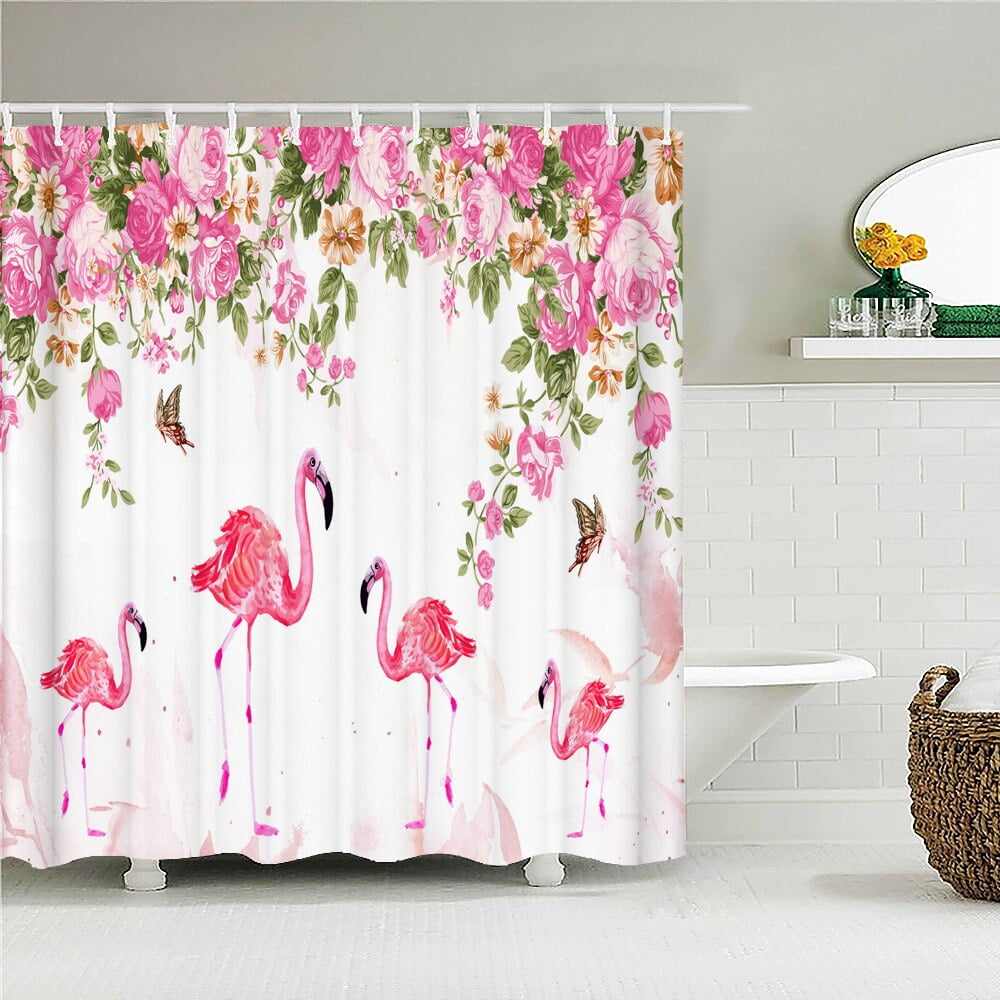 Flamingo Pattern Fabric Shower Curtain Waterproof Tropical Plant Palm