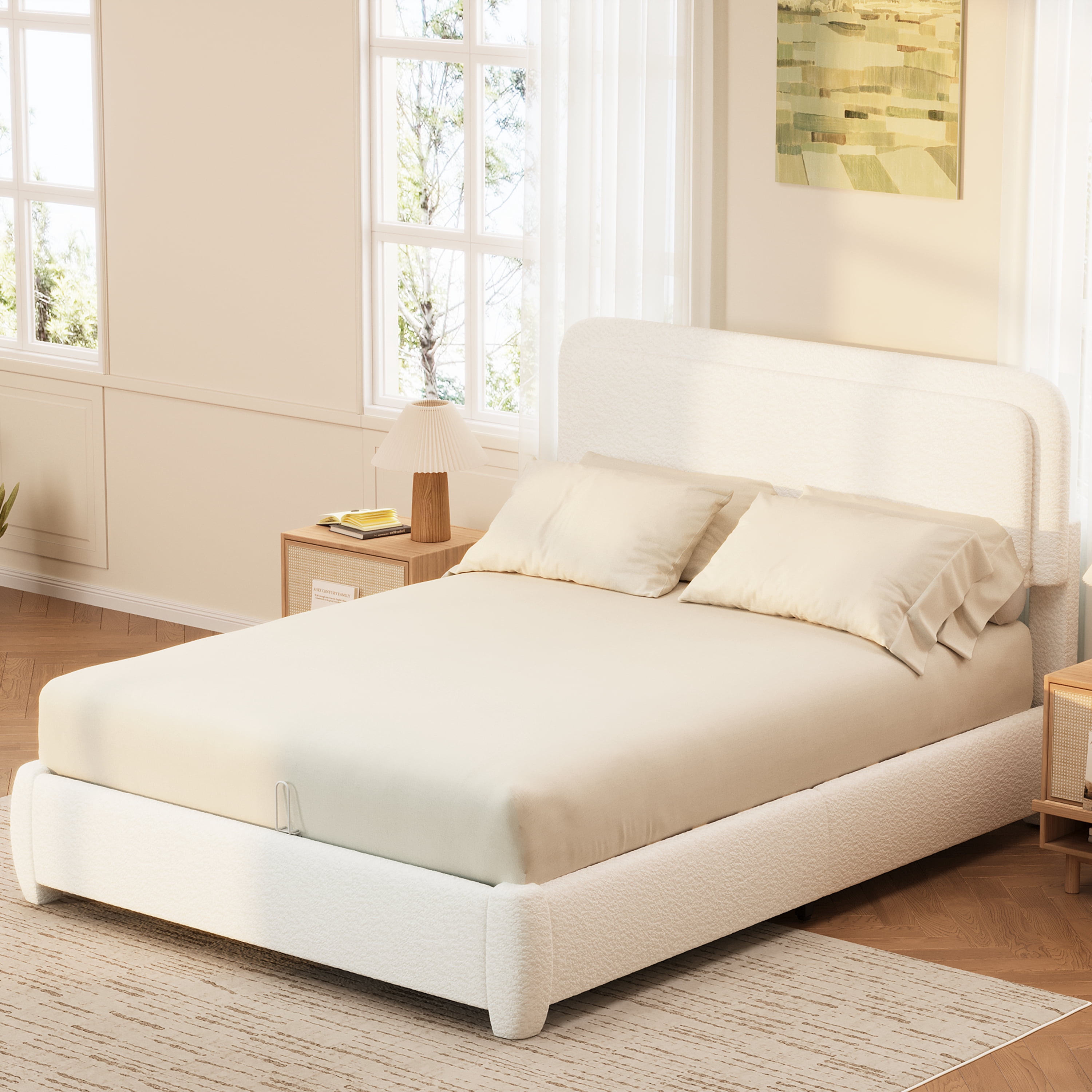 Euroco Boucle Queen Size Platform Bed with Height Adjustable Headboard, Low Profile Modern Bed with Curved Cloud Headboard, White