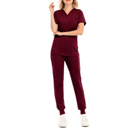 

Sksloeg Women s Scrub Set 3 Pocket V-Neck Scrub Top with Pocket Jogger Scrubs Pant Women s Scrubs Set Wine XL
