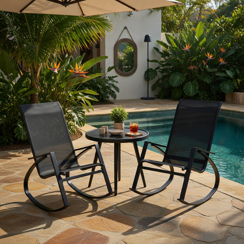 Hommoo 2-Pack Outdoor Rocking Chairs for Patio, Ergonomic Sling Fabric Rockers with Sturdy Steel Frame, Breathable Seat & Anti-Slip Base, Black