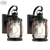 Retro 11.8 inch Matte Black and Barnwood accents Outdoor Wall Lantern Sconce with Clear Glass（2-Pack）