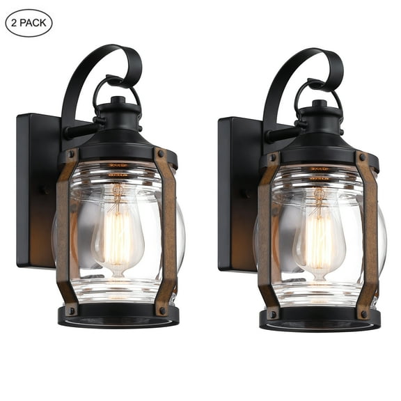 Retro 11.8 inch Matte Black and Barnwood accents Outdoor Wall Lantern Sconce with Clear Glass（2-Pack）