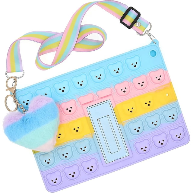 Funda de silicona con diseño de oso pop arcoíris y burbujas, compatible con iPad 2/3/4. Antiestrés, a prueba de golpes, con cordón, soporte y colgante (azul y morado).