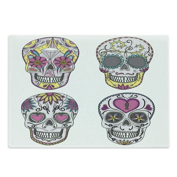 Skull Cutting Board, Colorful Ornate Mexican Sugar Shape Flower and Heart Pattern Calavera Humor, Decorative Tempered Glass Cutting and Serving Board, in 3 Sizes, by Ambesonne