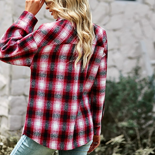 Woman Plaid Collared Shirt, Two Pockets Button Down V Neck Top Comfortable Button Cuffs For Work For Autumn Red,Khaki,Green,Black White
