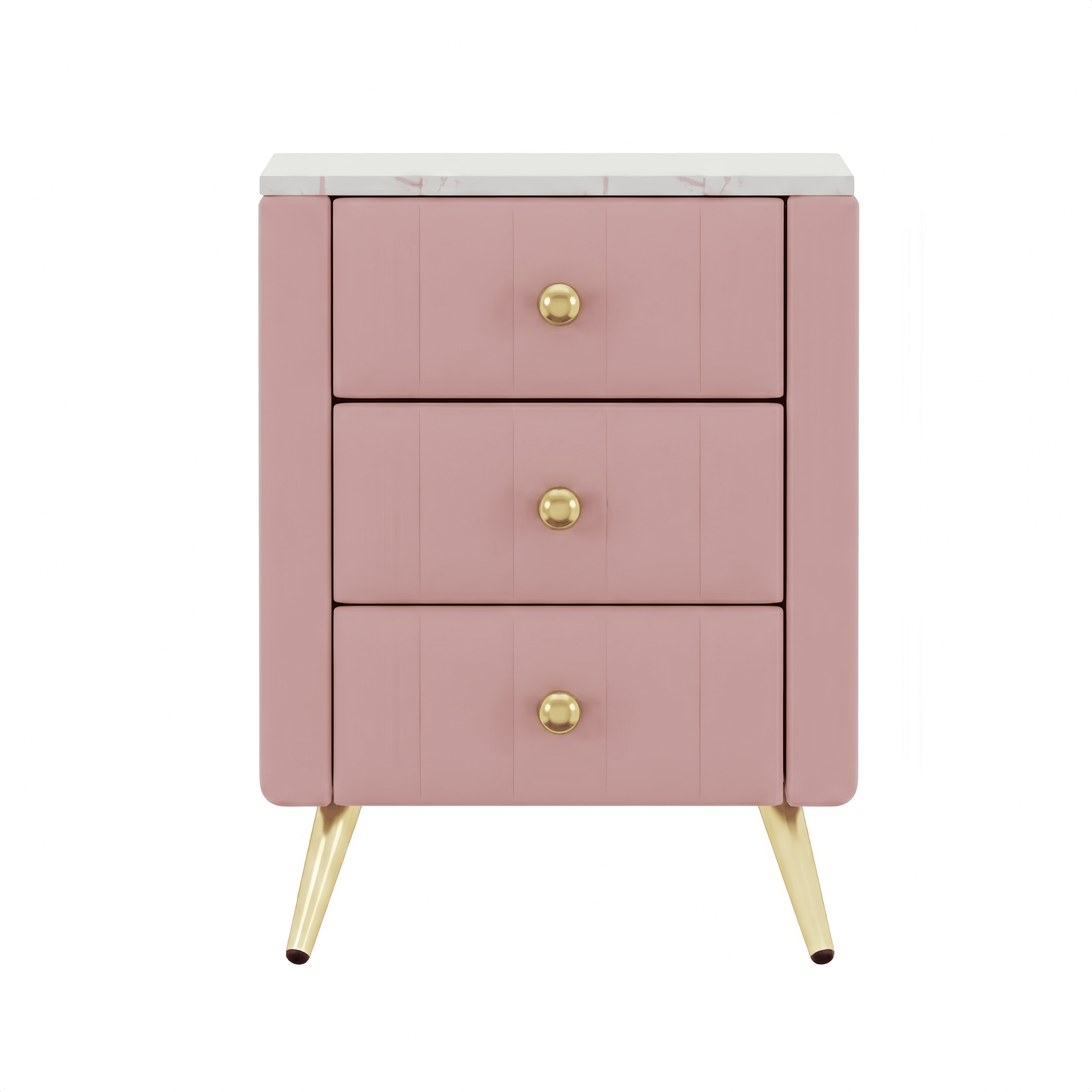 Euroco Upholstered Wooden Nightstand with 3 Drawers and Metal Legs&Handles,Modern Bedside Table with Marbling Stickers Worktop for Bedroom,Pink