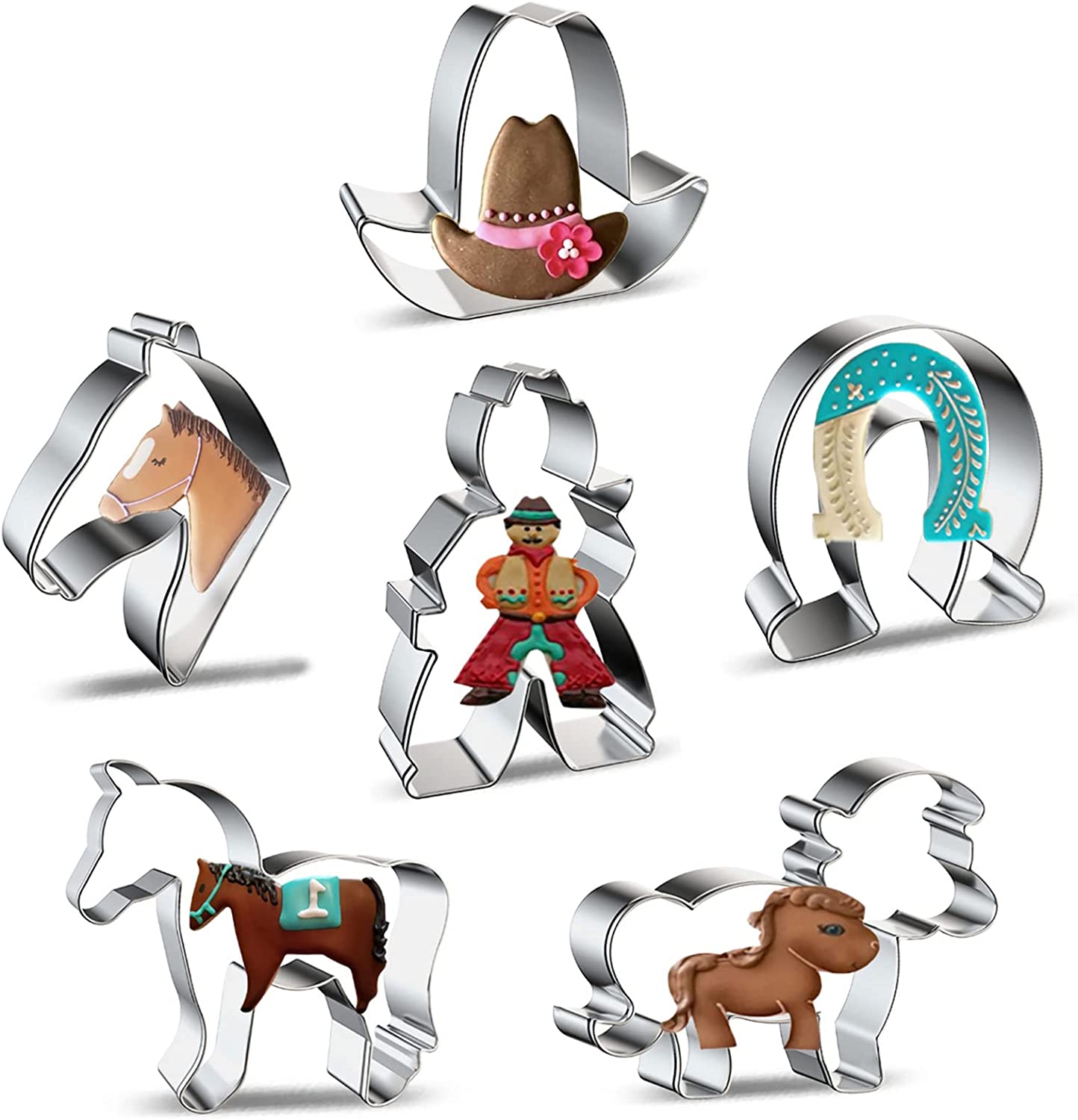 Horse Cowboy Cookie Cutters Shapes Baking Set, 6 Pieces Stainless Steel