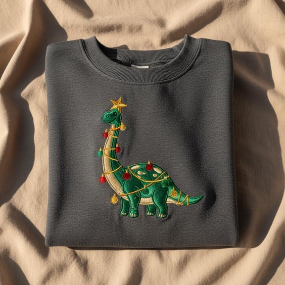 Embroidered Christmas Dinosaur Sweatshirt, Funny Brontosaurus Xmas Lights Crewneck, Dino Lover Holiday Embroidered Shirt Gift