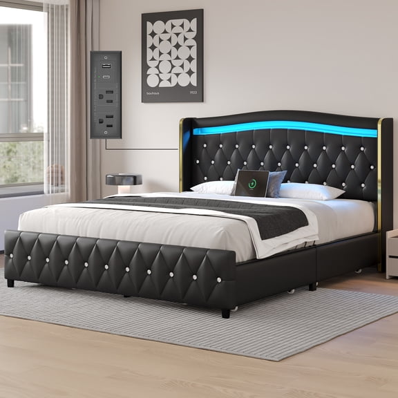 Queen Size LED Upholstered Bed Frame with 4 Storage Drawers, Modern Leather Platform Bed with Tufted Headboard & Built-in Charging Station, Noise-Free, Black