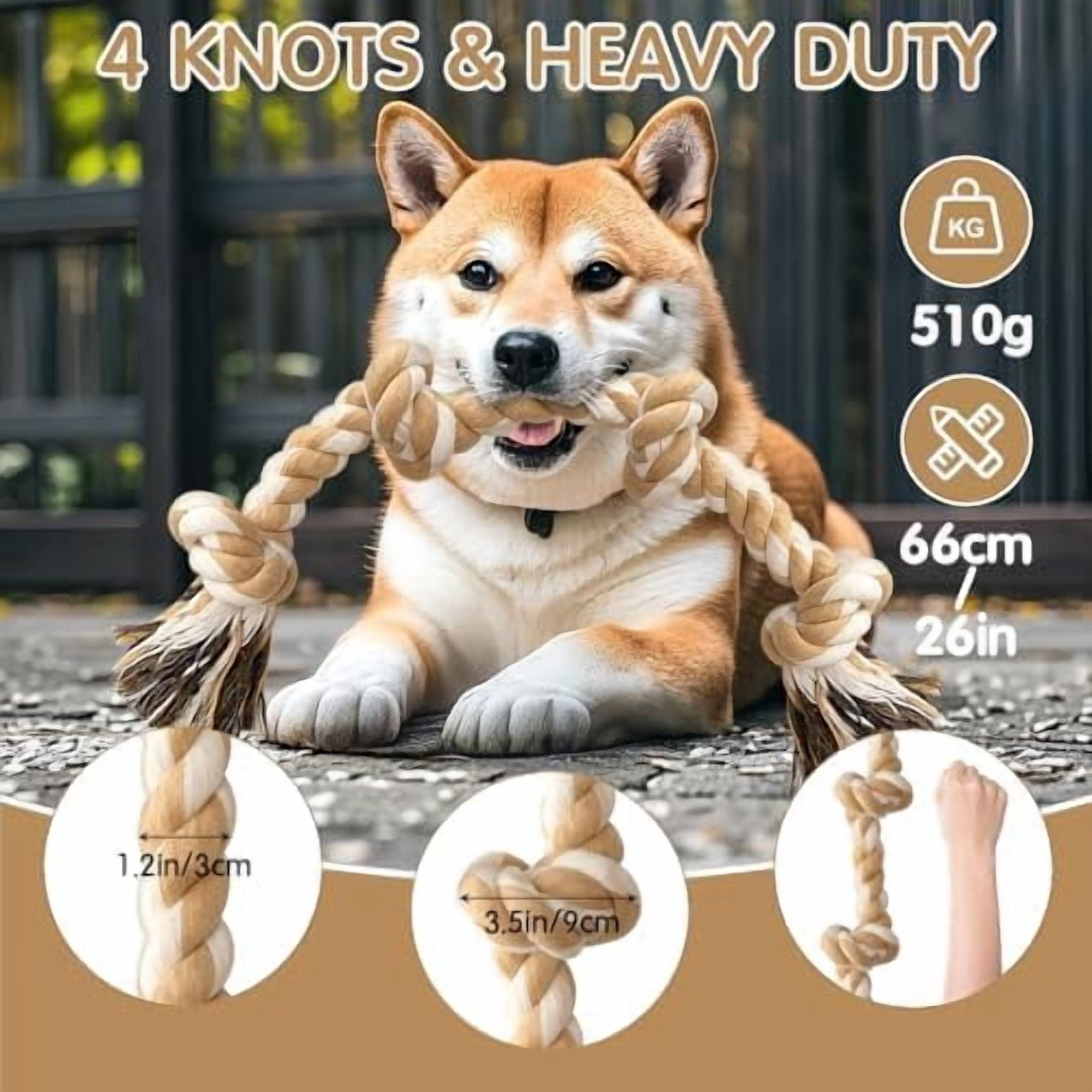 4-Knot Rope Toy for Medium/Small Dogs - 26in Aggressive Chewer Puppy Tug Toy, Almost Indestructible Teething Chew Toy