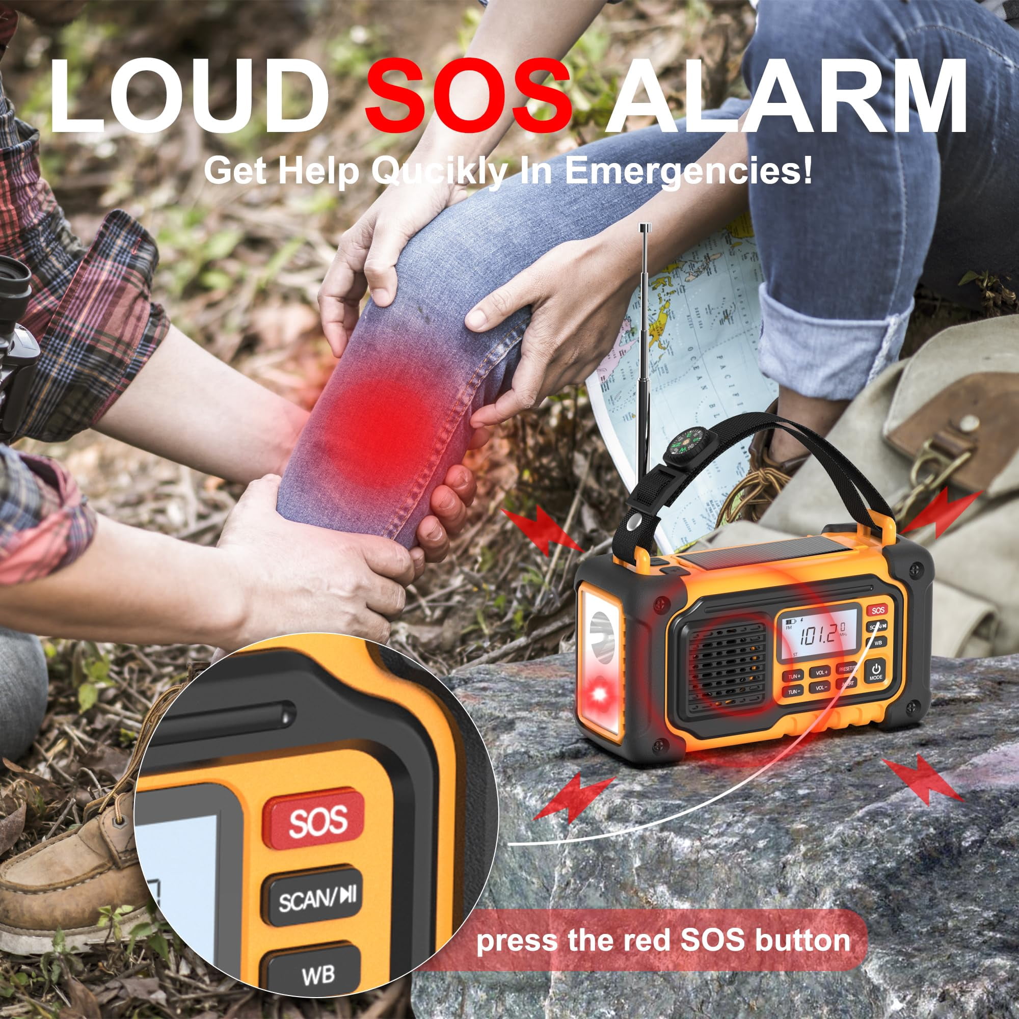 Emergency Weather Radio  Am/fm/sw/noaa Hand Crank With 37000mwh/10000mah Portable Large Capacity Usb/solar/hand Charging Aaa Operated Sos Alarm & Flashlight (yellow)
