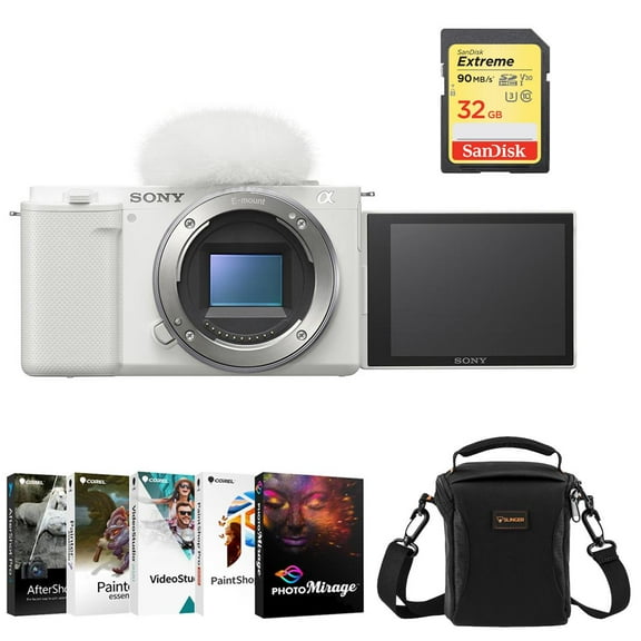 Sony ZV-E10 Mirrorless Camera, White Bundle with Corel PC Software Suite, 32GB SD Card, Shoulder Bag