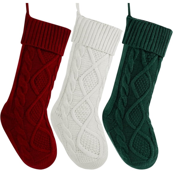 3 Pack 18 Inch Cable Knit Christmas Stockings, Large Reversible Knitted Xmas Stocking with Hanging Loop, Family Fireplace Decor Stocking for Christmas Party Gift Candy Storage