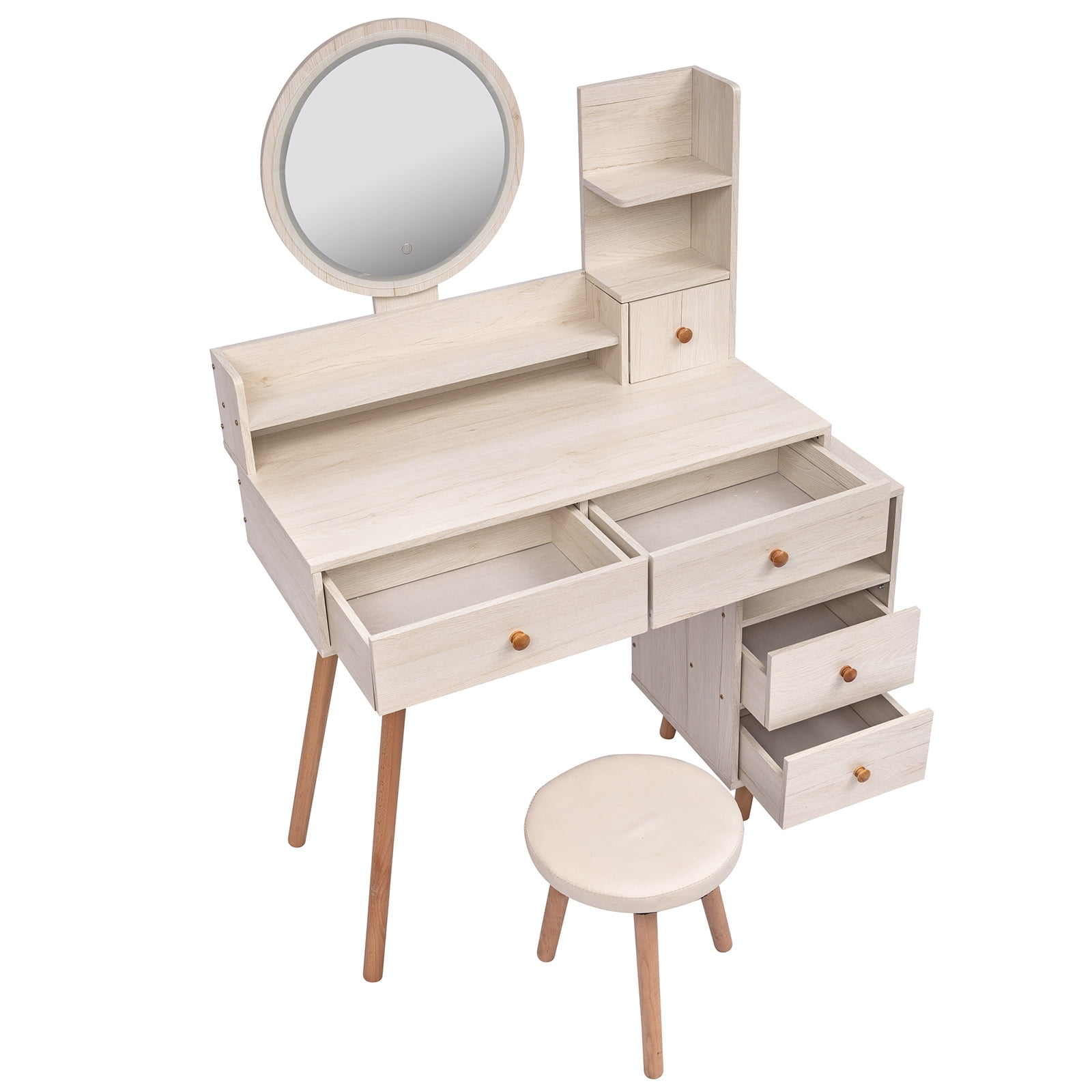 AENKYO Vanity Table Set with Touch LED Mirror & Stool, 5-Drawer Storage, Adjustable Makeup Desk for Girls & Women - White
