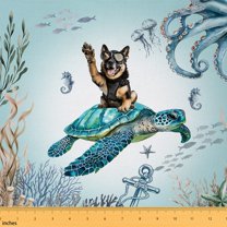 Castle Fairy Funny Dog Riding Sea Turtle Fabric by the Yard 5 Yards, Marine Octopus Seahorse Fabric for Sewing, Jellyfish Anchor Home Decor Fabric by the Yard, Kids Bedroom Decor