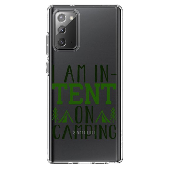 DistinctInk Clear Shockproof Hybrid Case for Samsung Galaxy Note 20 (6.7" Screen) - TPU Bumper Acrylic Back Tempered Glass Screen Protector - I Am In-TENT on Camping
