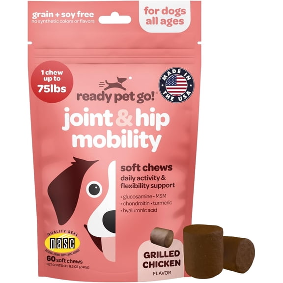 Ready Pet Go! Dog Treats, Hip and Joint Chews for Dogs with Chondroitin, MSM, & Turmeric, 60-piece