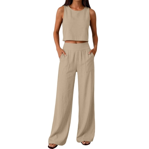 PBFRDSJ Cotton Linen Sets for Women Cropped Tank Top Wide Leg Pant Set Beach Vacation Summer Spring Casual Outfit with Pockets