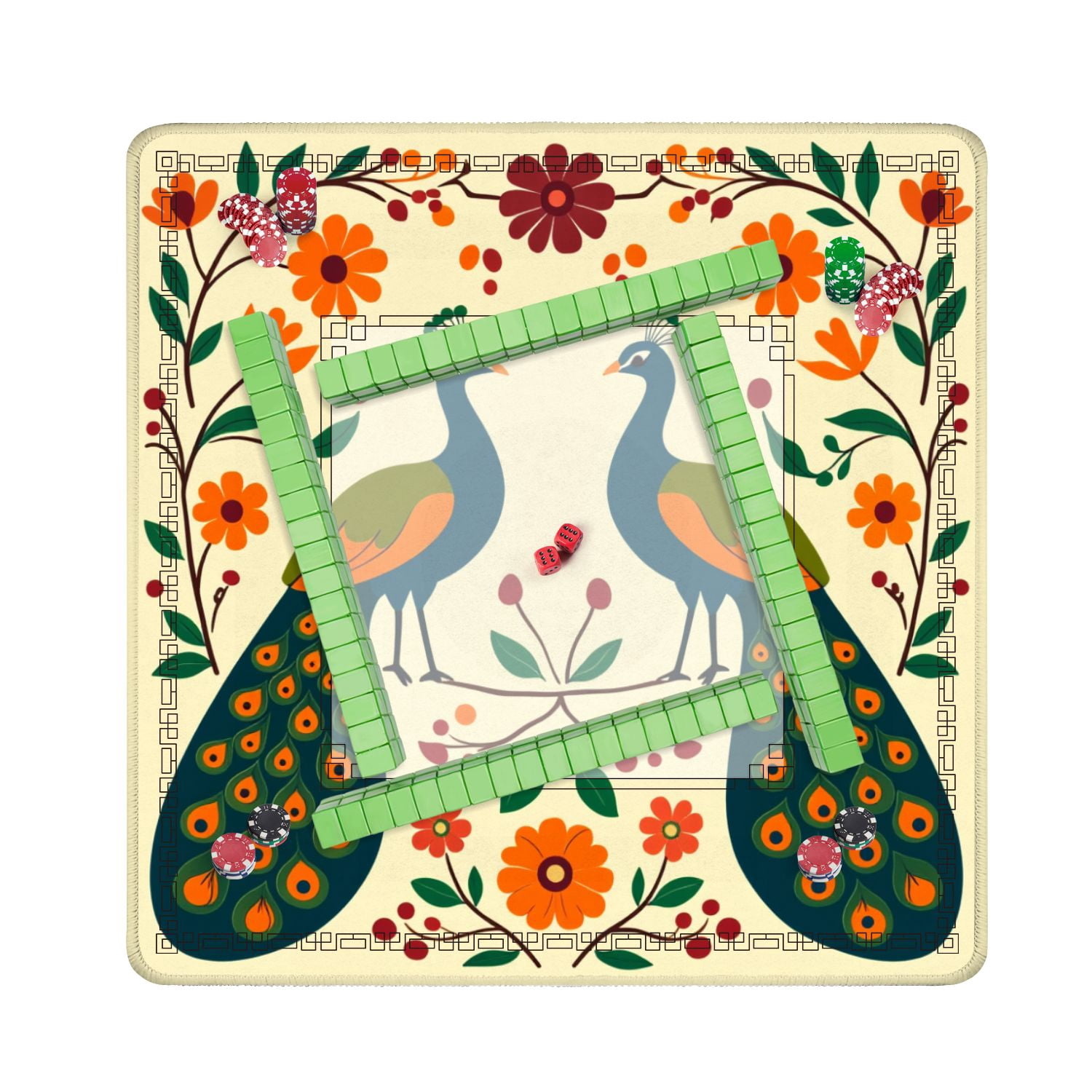Mahjong Mat 31.5" x 31.5" Symmetrical Peacock Vibrant Orange Flowers Green Foliage Folk Art Non-Slip Noise Reduction American Mahjong Tiles Table Cover for Dominoes Poker Card Board Games Gift