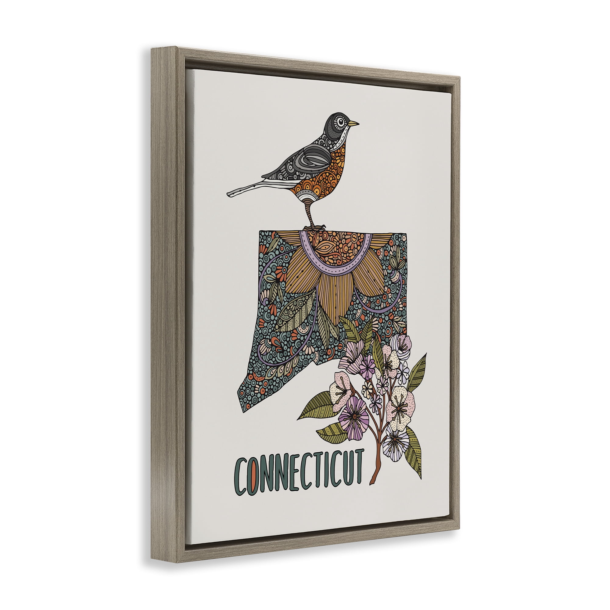 Stupell Industries Floral Connecticut State Botanical & Floral Painting Brown Floater Framed Art Print Wall Art, 17 x 21