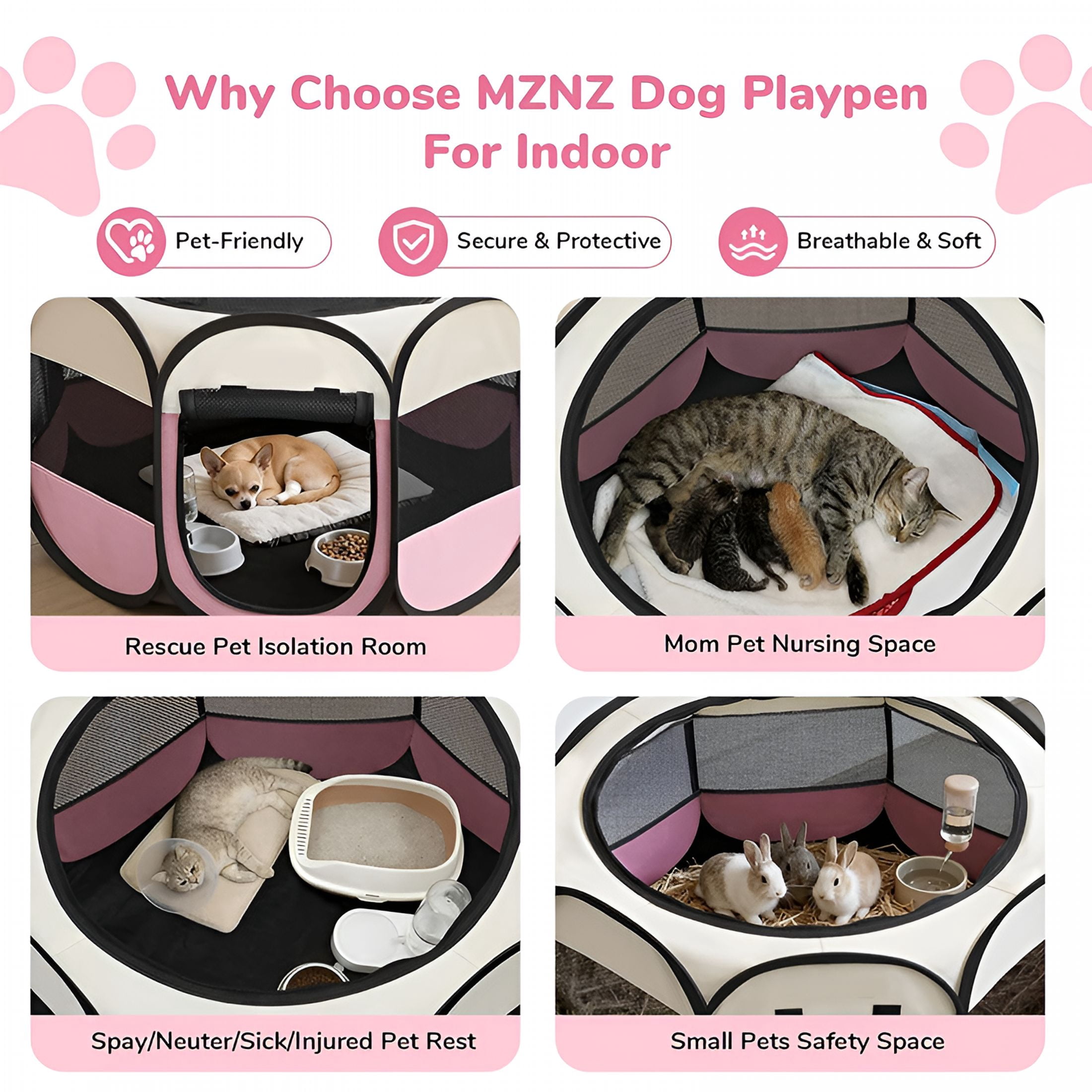 XIBUFE Dog Cat Playpen,Portable Puppy Pet Crate Indoor for Small Dogs Cats Rabbits,Foldable Dog Cage Enclosure for Outdoor,Pop Up Dogs Tent Kennel with Carrying Case,Pink