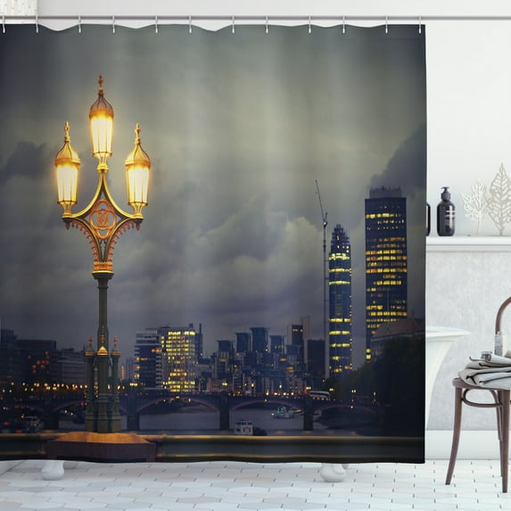Ambesonne Night Shower Curtain, Westminster Bridge London, 69"Wx70"L, Pale Grey Yellow