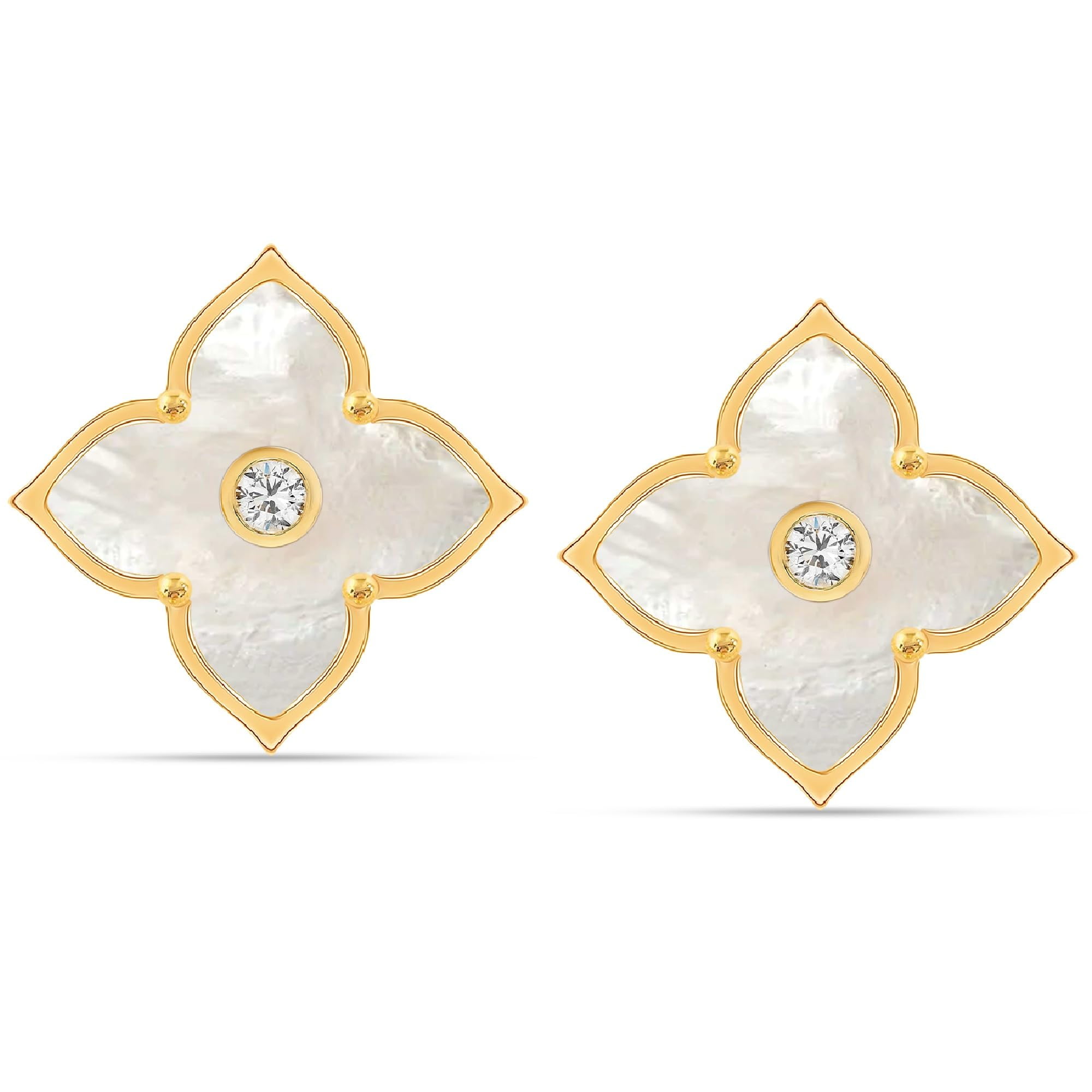 LeCalla 925 Sterling Silver MOP Omega Back Clip-On Earring 14K Gold Plated CZ Mother of Pearl Minimalist Malachite Flower Large Stud Earrings for Women - 20MM