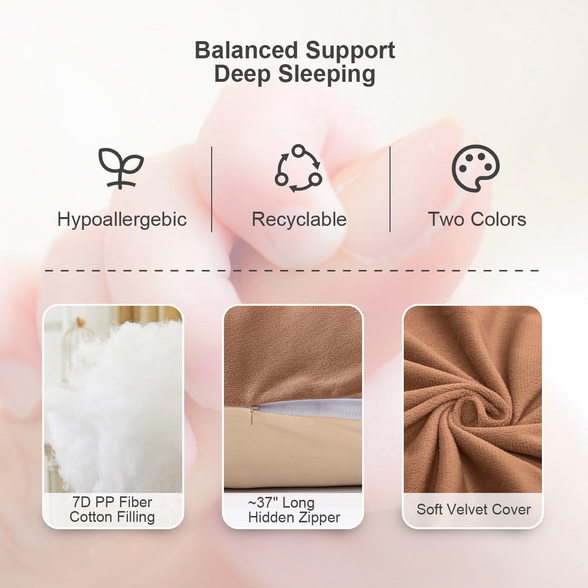 Full Velvet Body Plliow for Adults, Big Pillows Bed, 20"x54" Long Pillow with Removable, Pillow for Home Bedroom Pregnant Women, Camel & Brown