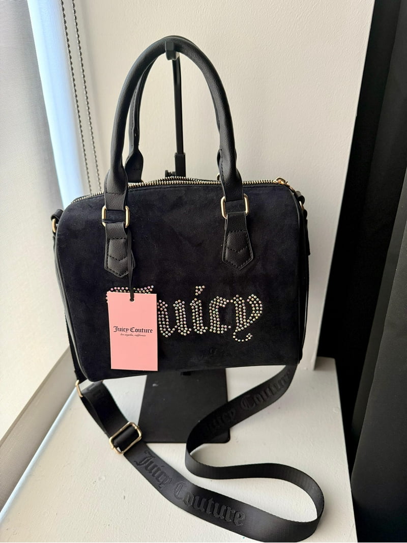Juicy Couture Black Velour Handbag with Rhinestone Logo and Gold
