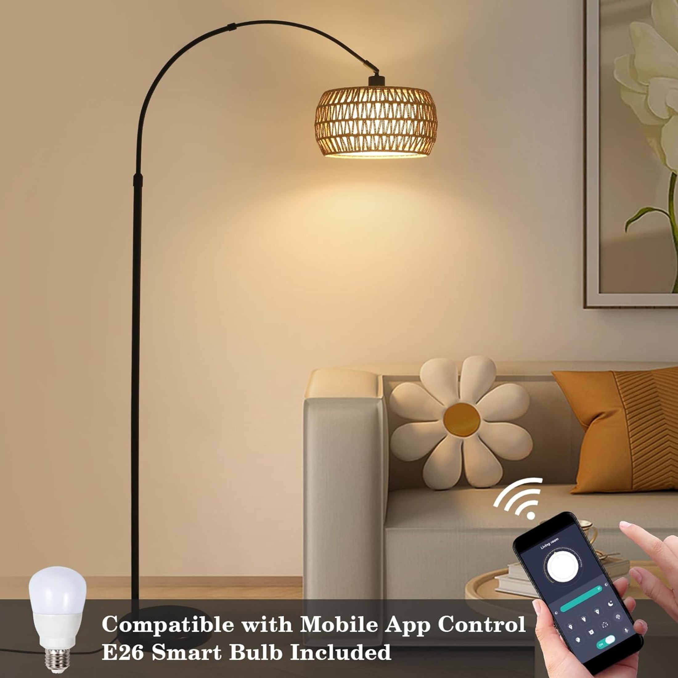 Noble House Arc Floor Lamp with Rattan and Fabric Shades,  Dimmable LED Bulb & Remote, Farmhouse Tall Lamp, Black