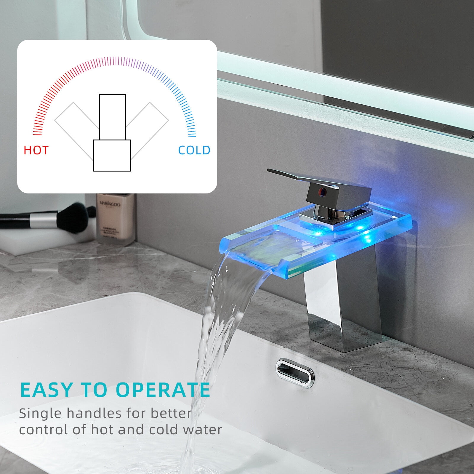 Bathroom Sink Faucet Led Light 3 Colors Changing Waterfall Glass Spout Hot Cold Water Mixer Single Handle One Hole Deck Mounted Bathroom Faucet Black Lavatory Vanity Basin Bath Plumbing