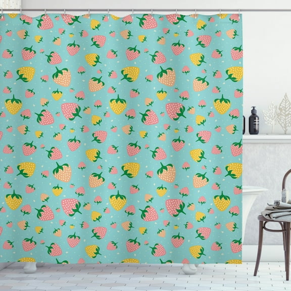 Strawberry Shower Curtain, Illustration of Fruits on a Spotted Background, Fabric Bathroom Set with Hooks, 69W X 70L Inches, Seafoam Pastel Pink Earth Yellow and Green, by Ambesonne
