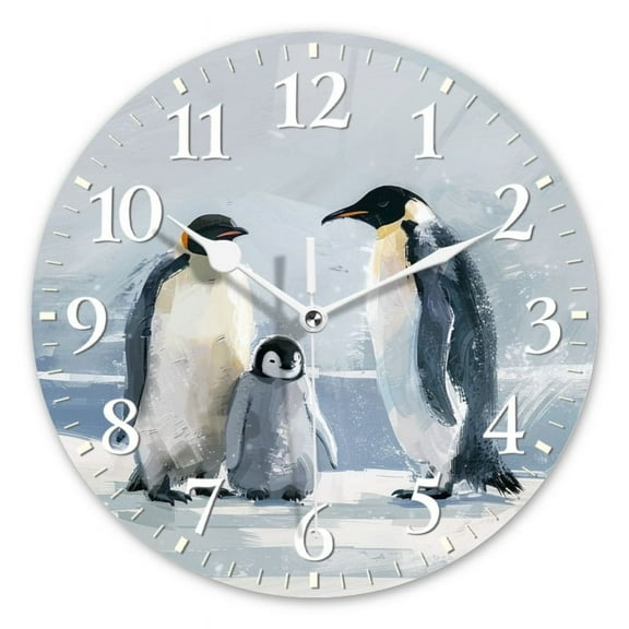 Personalized Wall Clock Non-Ticking Silent Clocks Battery Operated Round Clocks Decorative for Bathroom,Office-Cute Penguin Family Standing On The Ice(14inch)