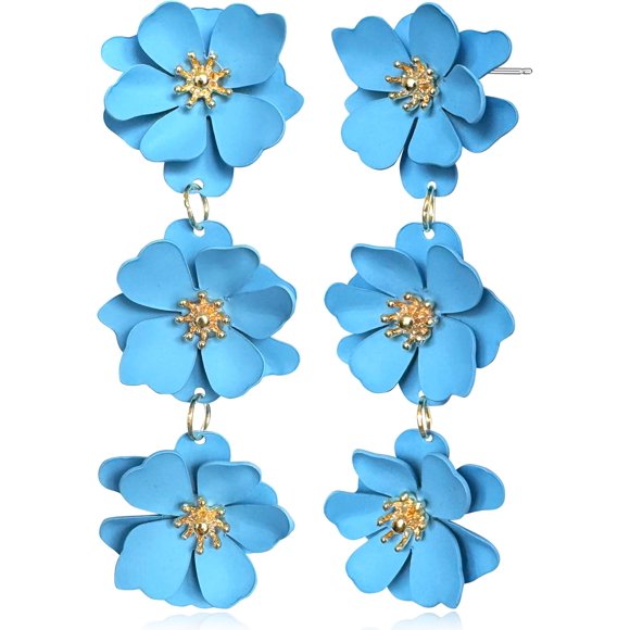 Elegant Bohemian Matte Tiered Triple Flower Dangle Drop Earrings Chic Charm Cute Long Floral Stud Earrings For Women Statement Jewelry Gifts[L1643]