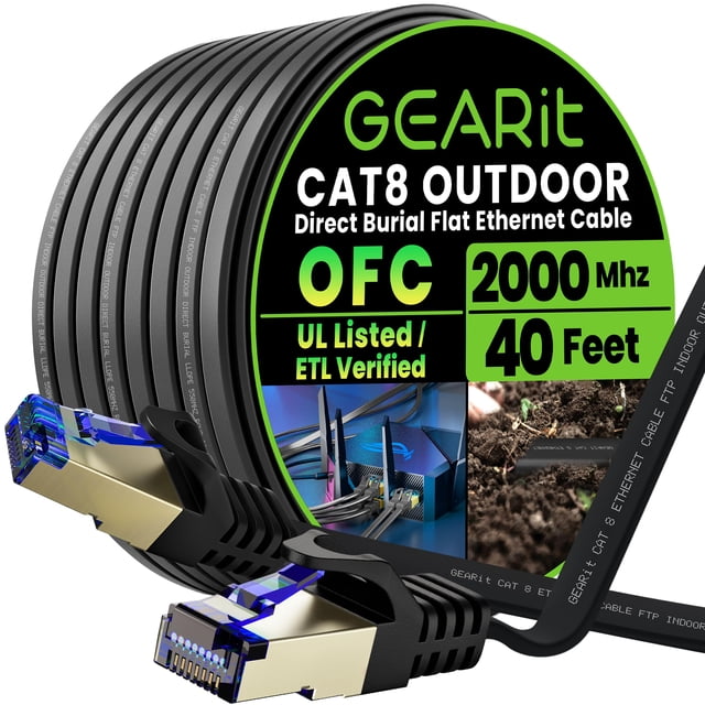 Cable Ethernet GEARit Cat 8 para exterior de 12 m, plano y blindado