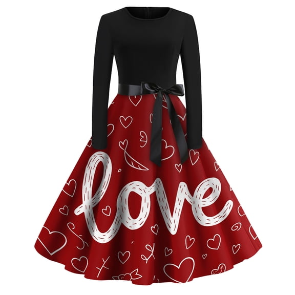 Fgvctg Womens Valentine's Day Dresses for Date Night Cute Heart Print Vintage Cocktail Dress Plus Size Crewneck 50's Dress Long Sleeve Dressy Romantic Clothing Deep Red L