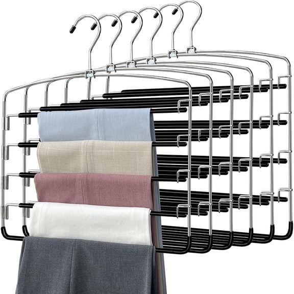 Gogcaro Pants Hanger 5 Tier Swing Arm | Space Saving Clothing Hangers with Foam Padding, Removable Arms, Heavy Duty Metal, Space Saving | 6 Pack