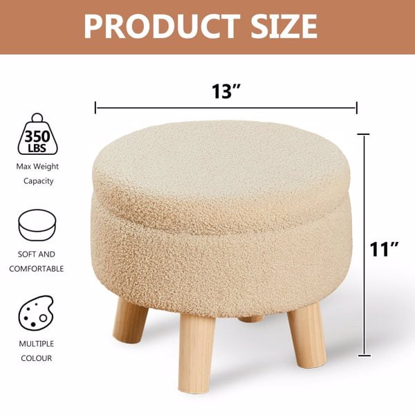 Storage Ottoman, Modern Round Footrest with Soft Padded Seat, Teddy Velvet Footstool with Wood Legs, Accent Small Table or Plant Stand for Hallway, Living Room (Off-White)