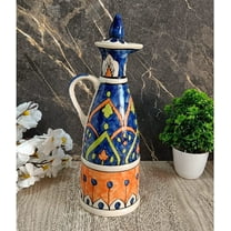 India Meets India Ceramic Bottle/Jug/Jar/Oil Dispenser [Blue & Orange] Ceramic Storage Bottle for Oil, Vinegar, Sauces, Ketchups, Ceramic Bottle w/ Lid, 25 OZ (750 ML)