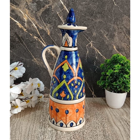 India Meets India Ceramic Bottle/Jug/Jar/Oil Dispenser [Blue & Orange] Ceramic Storage Bottle for Oil, Vinegar, Sauces, Ketchups, Ceramic Bottle w/ Lid, 25 OZ (750 ML)