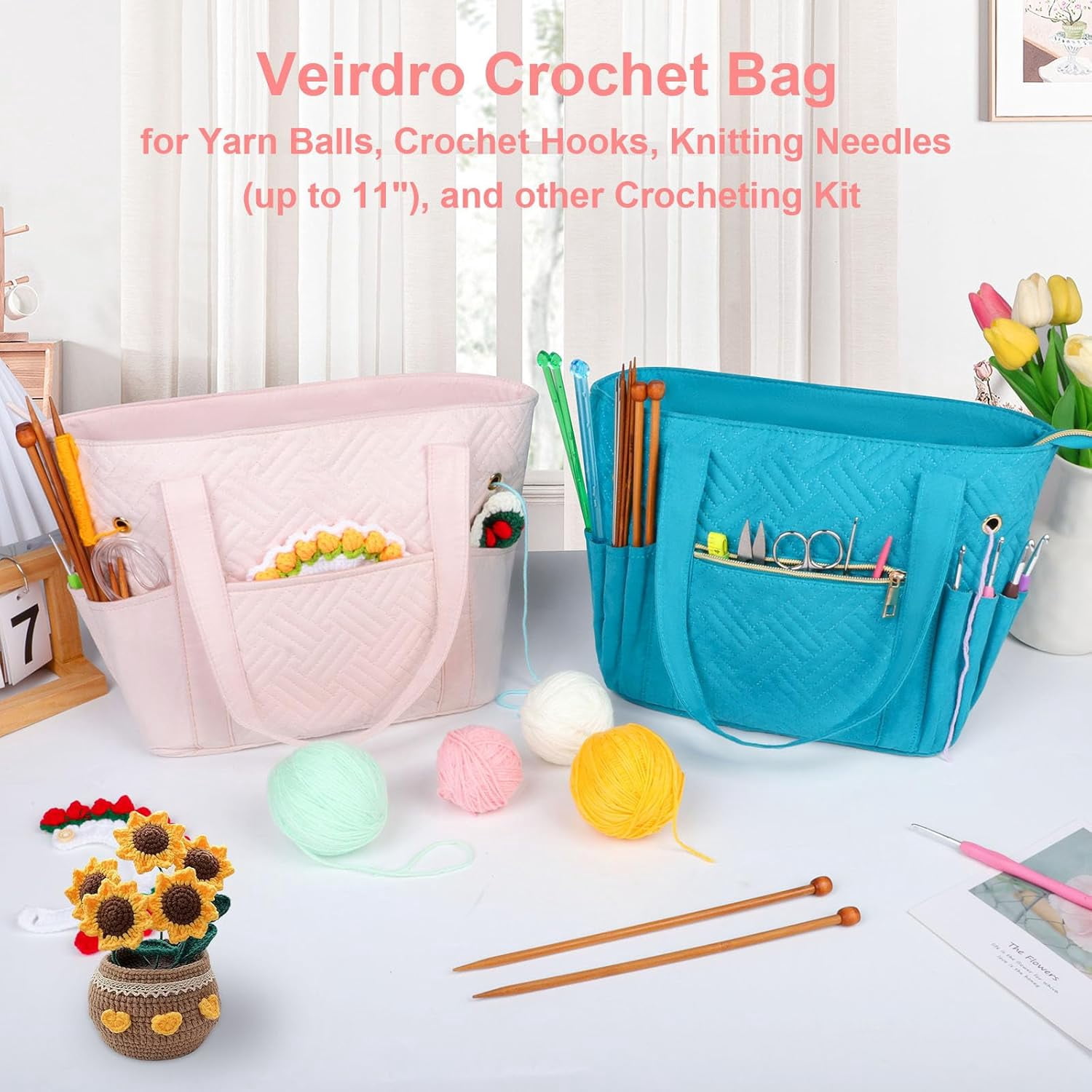 Crochet Bag Organizer for Yarn Storage, Velvet Knitting Tote Bag with Double Handle for Crochet Accessories, Portable Travel Case for Yarn Balls, Crochet Hooks& Knitting Needles Holder (Pink)