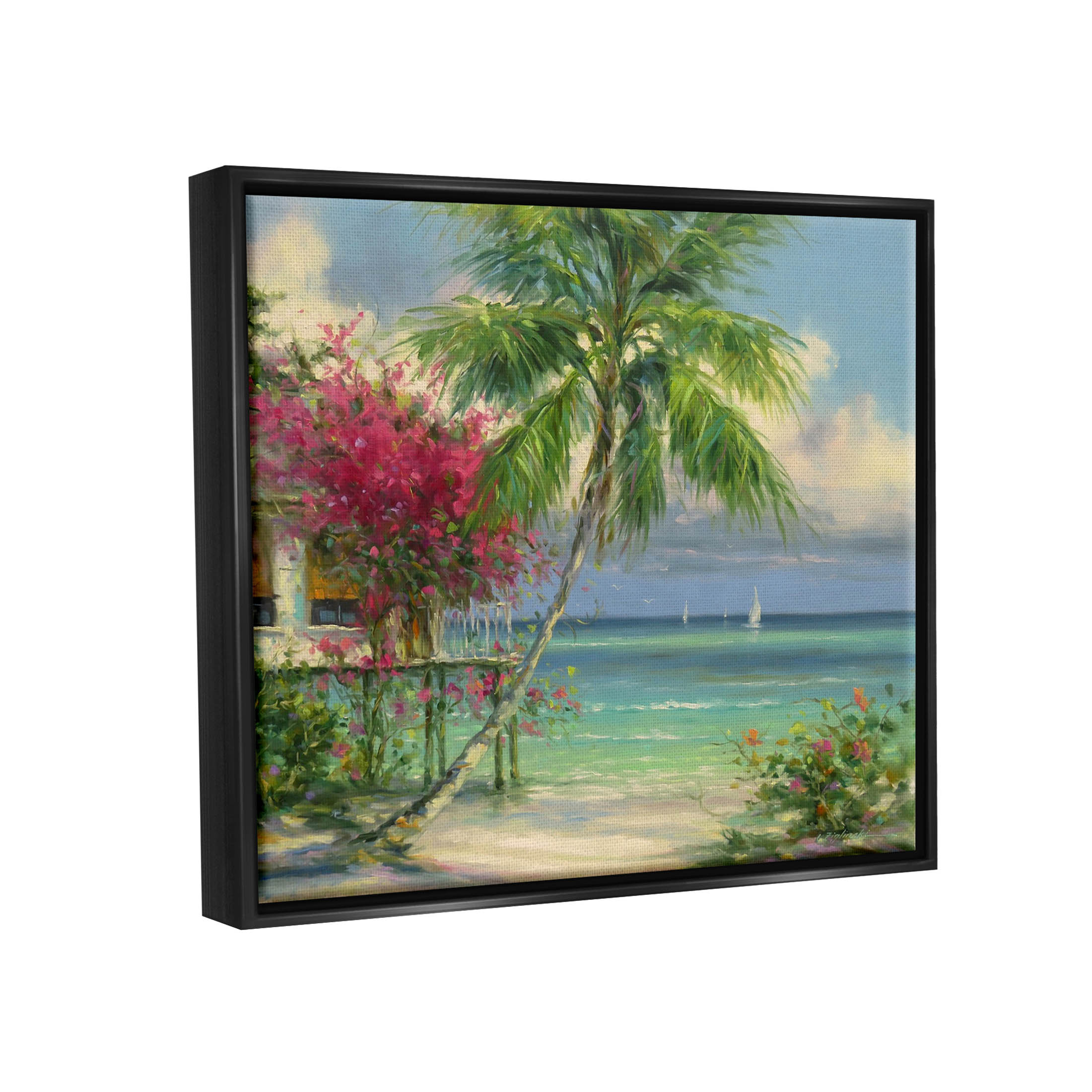 Floral Tropical Summer Vacation Resort Landscape Painting Jet Black Framed Art Print Wall Art
