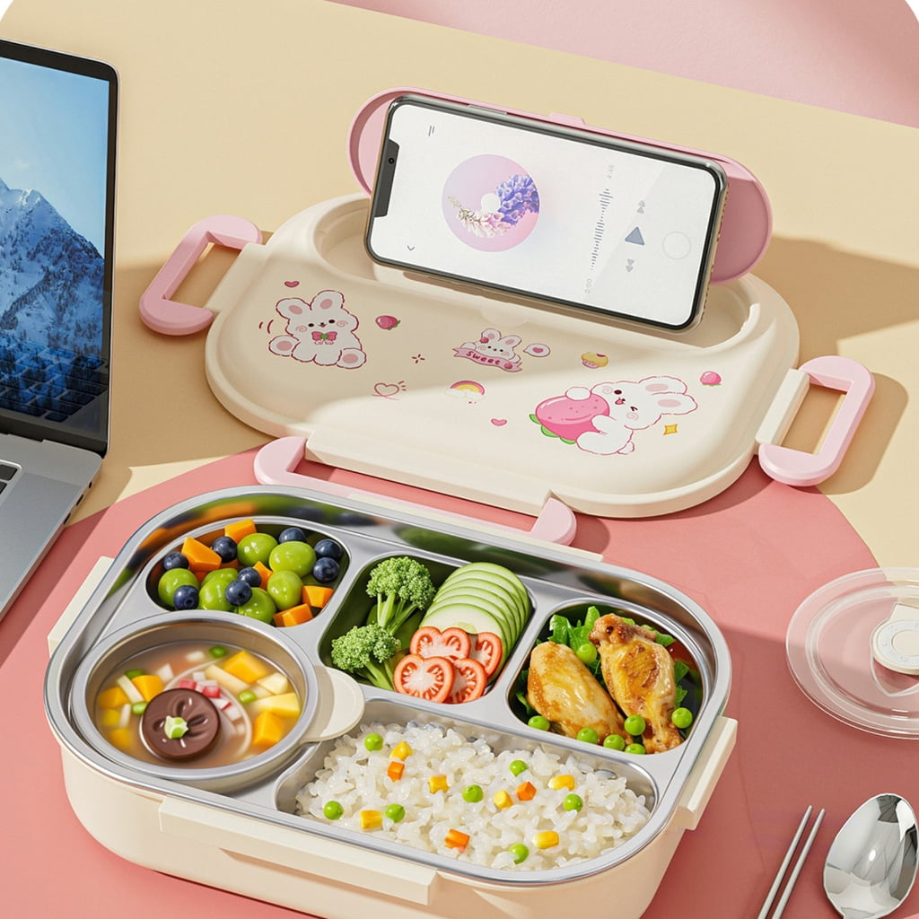 Microwave Safe Stainless Steels Bentos Box Cartoon Design 4 Compartments Leak Proof Seal Heat Insulation