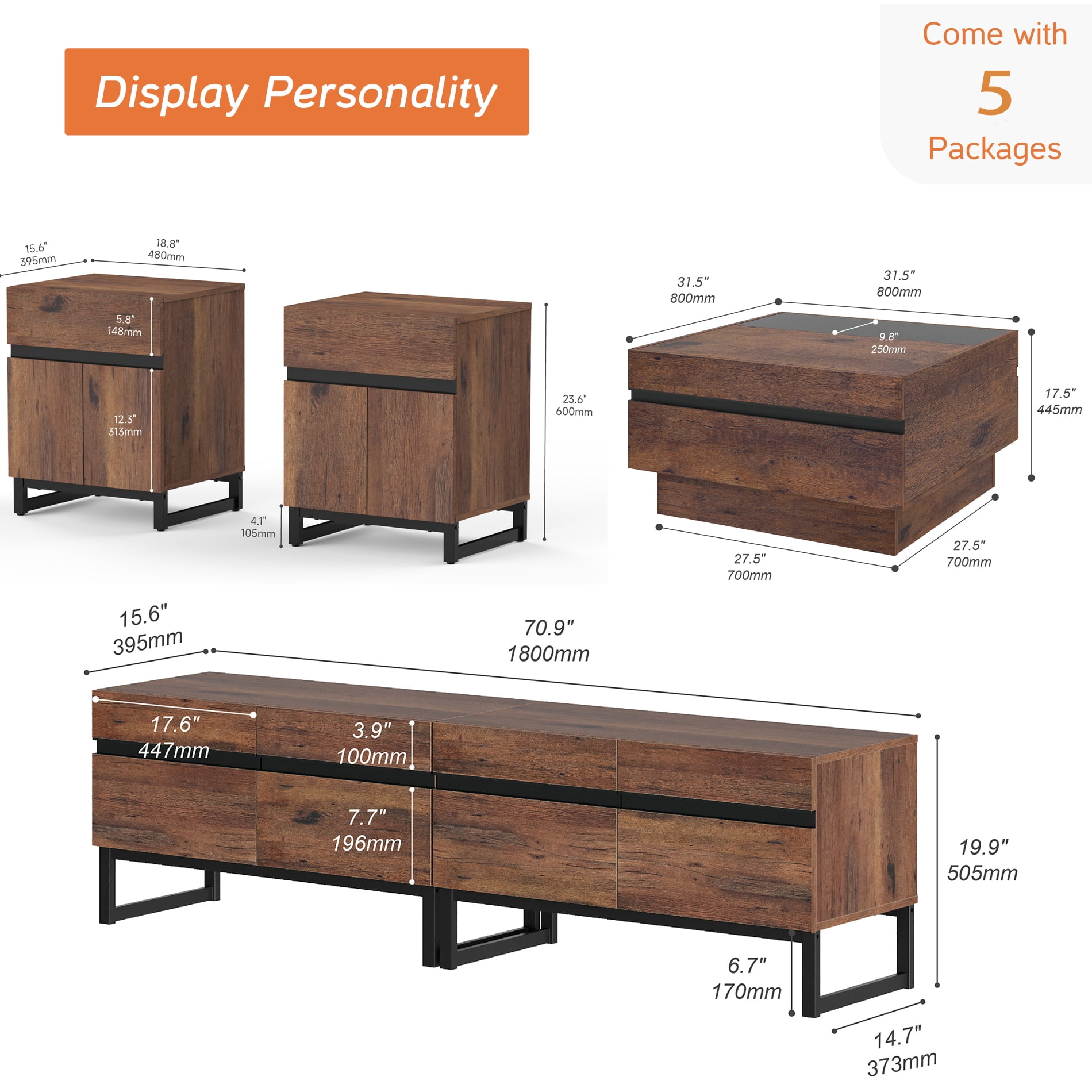 WAMPAT 4-Piece Living Room Furniture Set, 70.9" TV Stand, 1 Square Tempered Glass Top Coffee Table, 2 End Tables with Drawers, Modern Entertainment Center Console Table，Brown