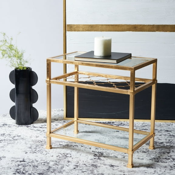 SAFAVIEH Couture Hanzel Glam Glass Top Metal End Table, Gold/Glass
