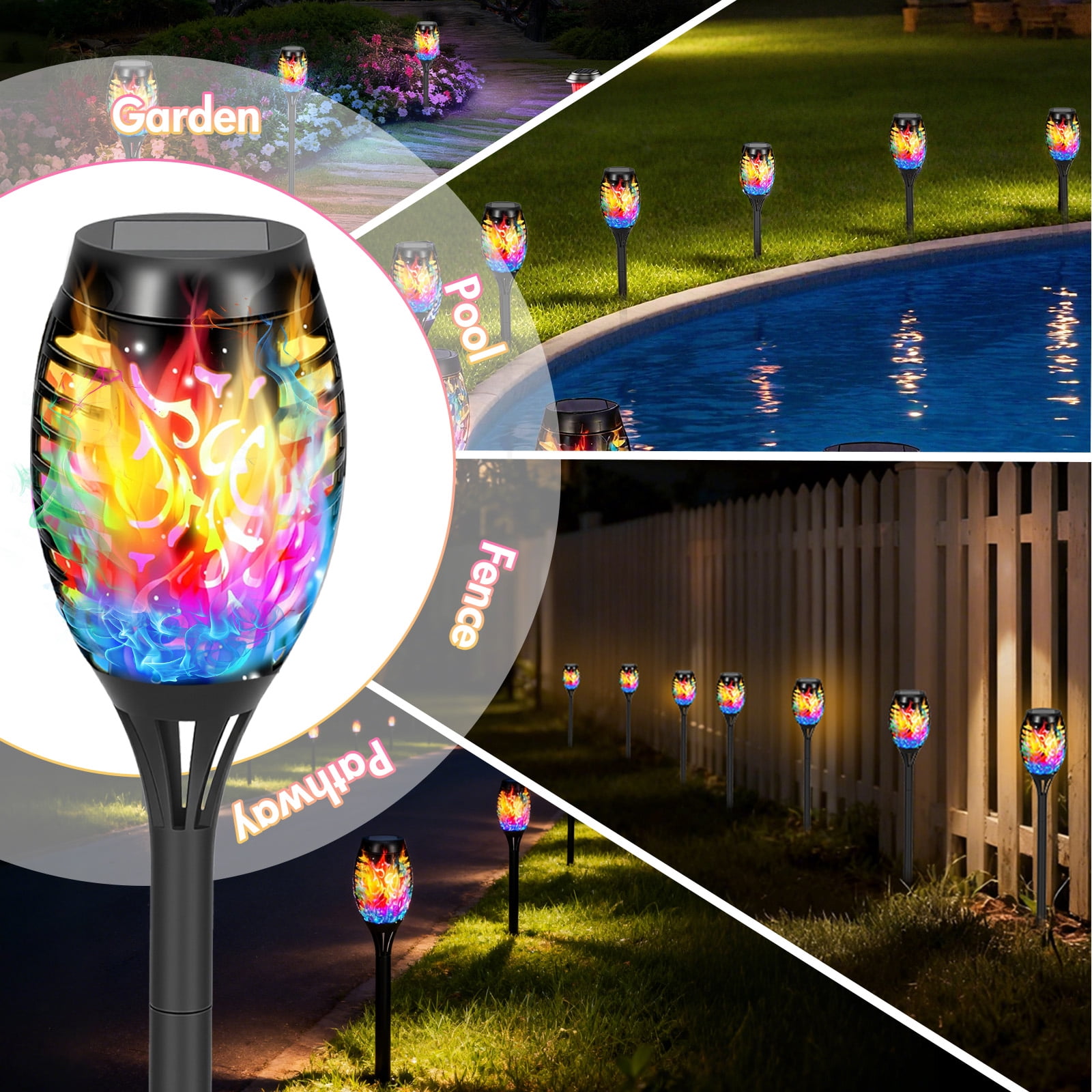 Flickering Flame Solar Lights Outdoor Decorative, 8 Pack Solar Garden Stake Lights Color Changing, Solar Torch Lights Outside for Yard, Patio, Garden, Pathway