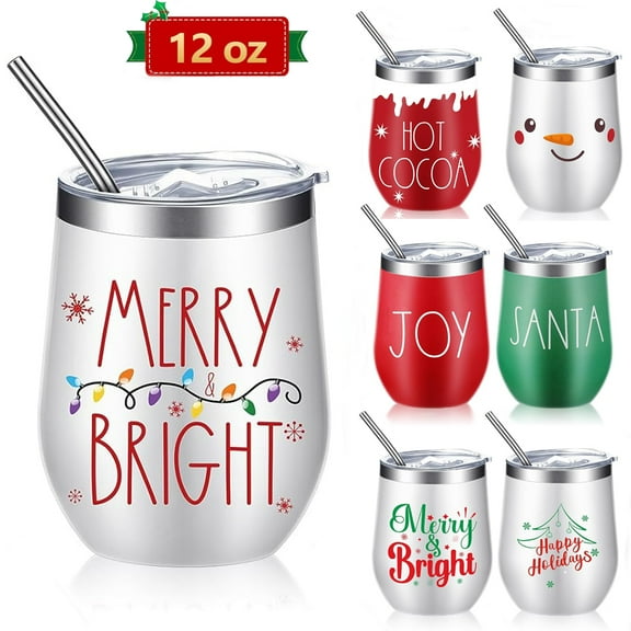Christmas Stainless Steel Wine Tumbler, 12 oz Insulated Wine Tumbler Funny Tumbler with Lid, Straw and Brush Insulated Wine Cups for Holiday Xmas Wedding Party Gifts