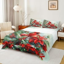 Manfei Cardinal Bird Full Size Sheets,Merry Christmas Bed Sheets,Red Berry Sheet Sets For Girl Teens,Breathable Home Decor,4-Piece