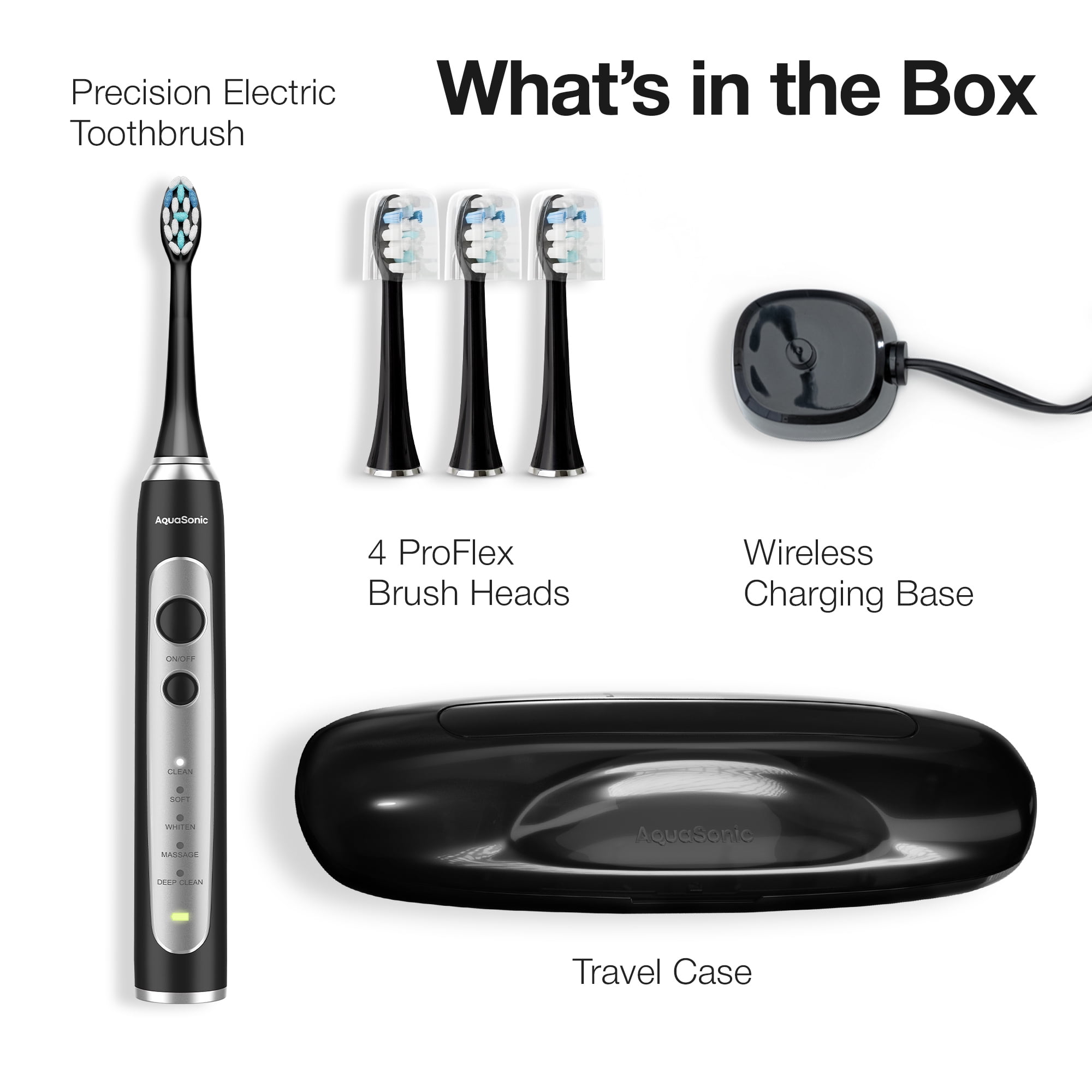 AquaSonic Precision Rechargeable Electric Toothbrush, 5 Modes, 4 Brush Heads, Travel Case, Black