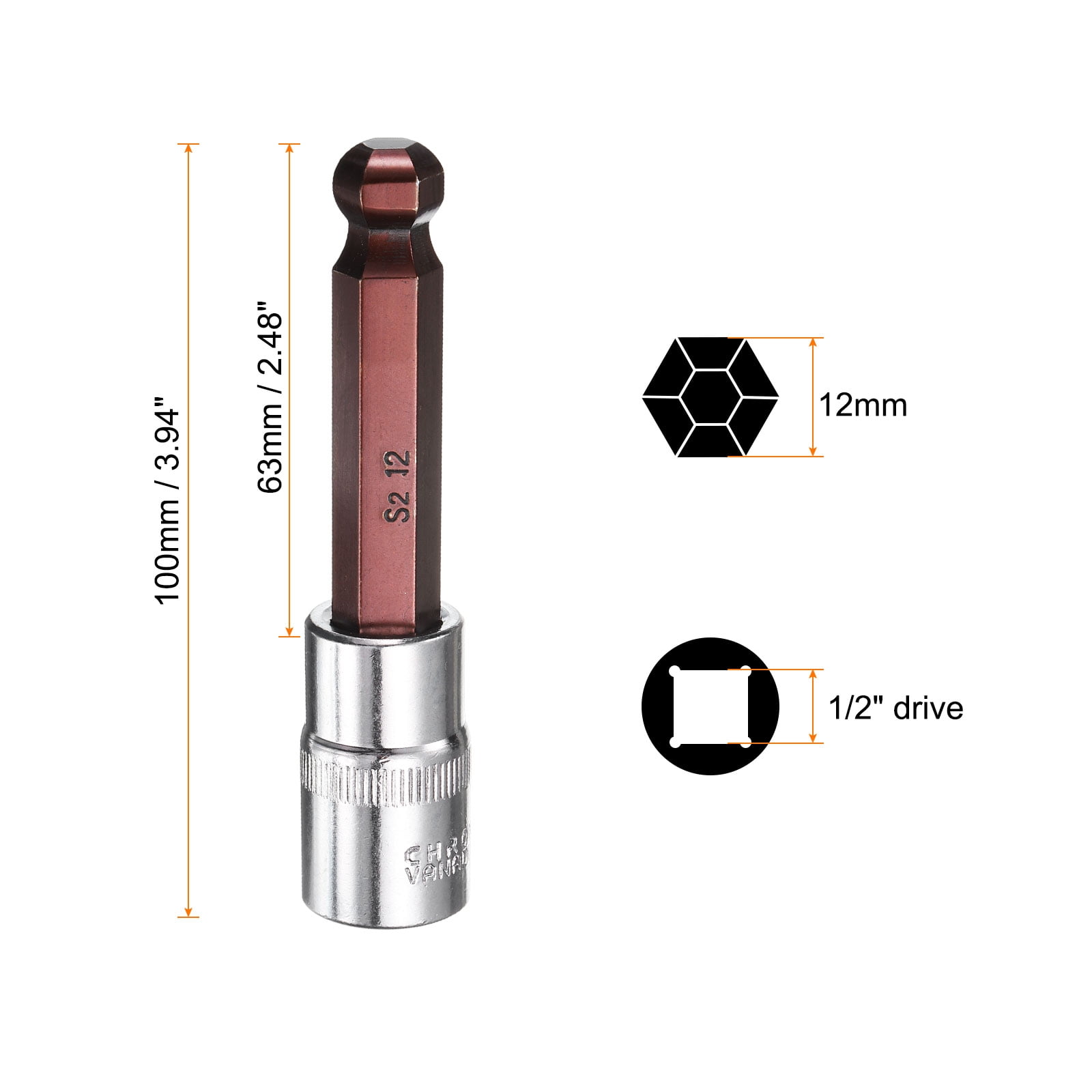 Uxcell 3pcs 12mm Ball End Hex Bit Socket 1/2" Square Drive Metric Extension Impact Bit Power Nut Driver Set S2 & CR-V Steel Socket Ratchet Wrench Bits